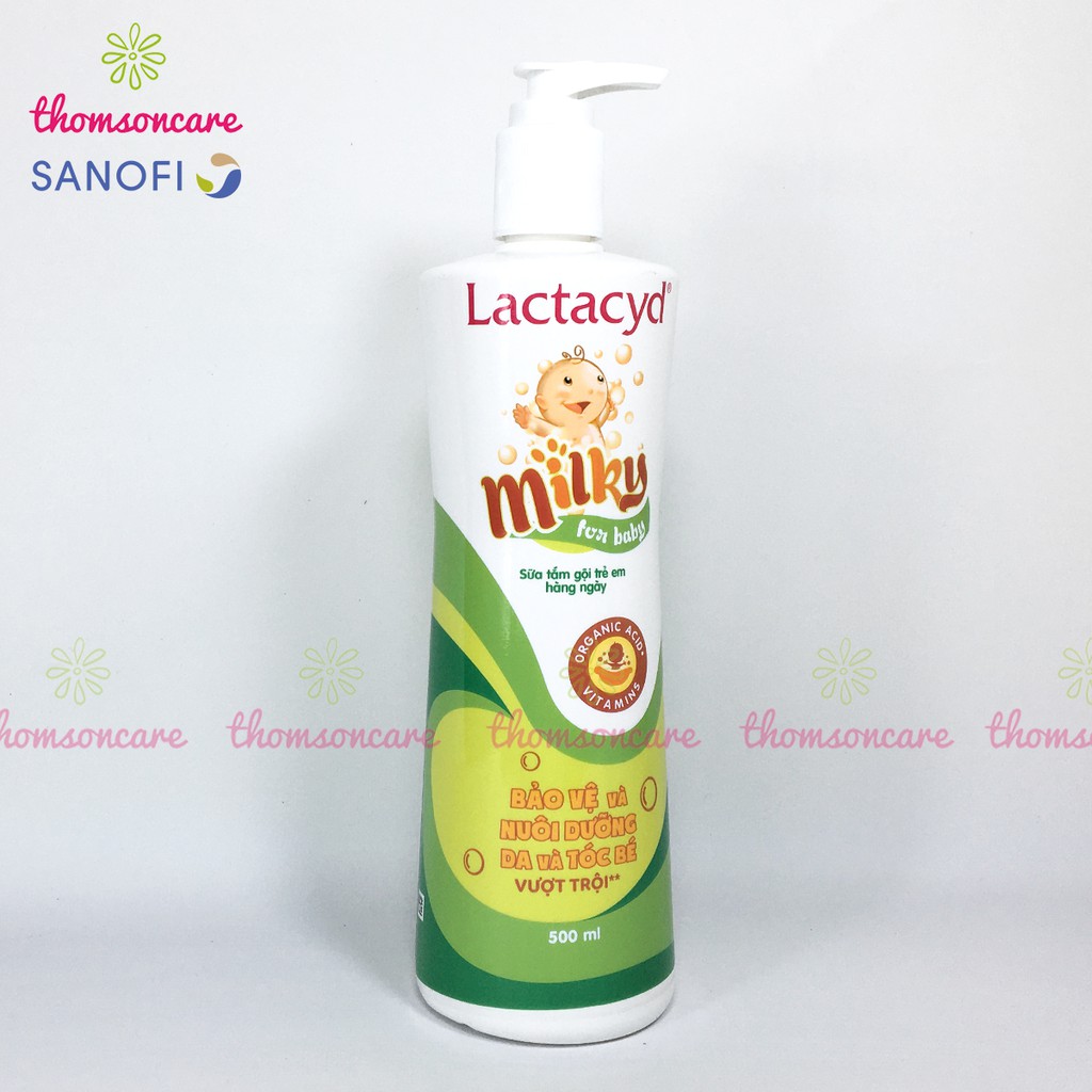 Sữa tắm Lactacyd Milky tắm và gội đầu cho bé từ sơ sinh chai 500ml có vòi tiện lợi, giảm rôm sảy, mẩn ngứa