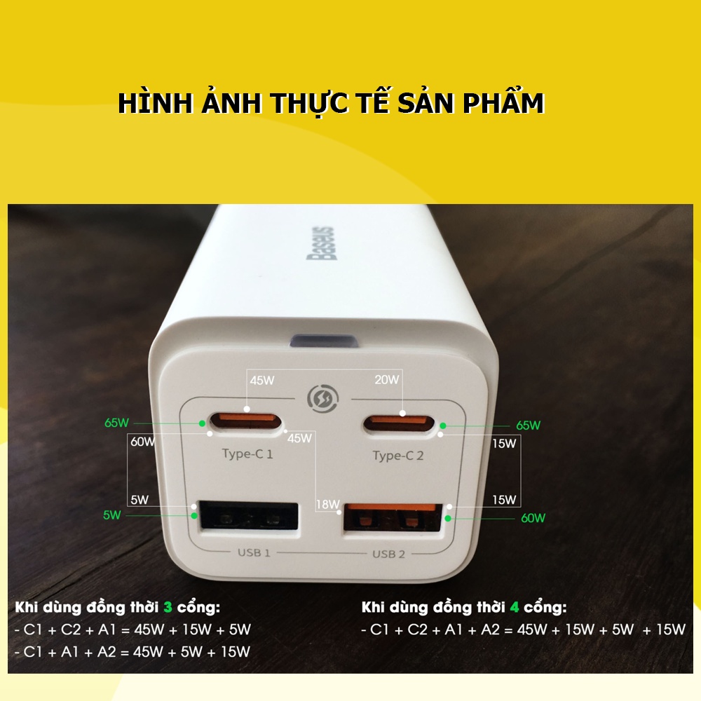 Bộ sạc nhanh 65W Bas.eus, GaN3 Pro 65W 4 cổng dây nguồn 1.5m sạc nhanh laptop/smartphone/tablet - 12 tháng BẢO HÀNH