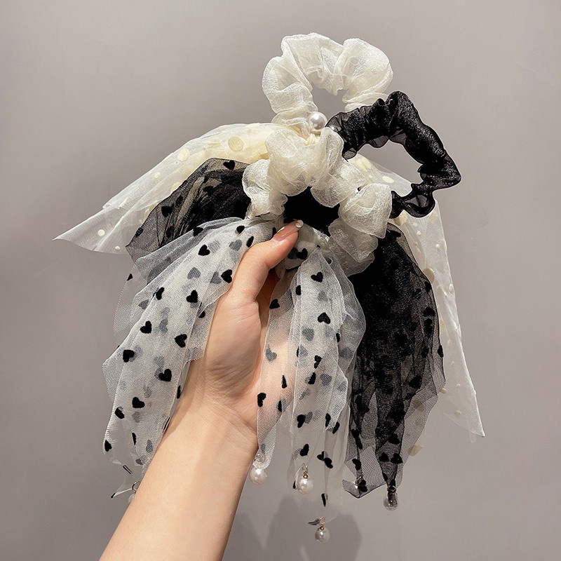 Dây Buộc Tóc Thắt Nơ Vải Lưới Họa Tiết Chấm Bi Đính Ngọc Trai Thời Trang Mùa Hè