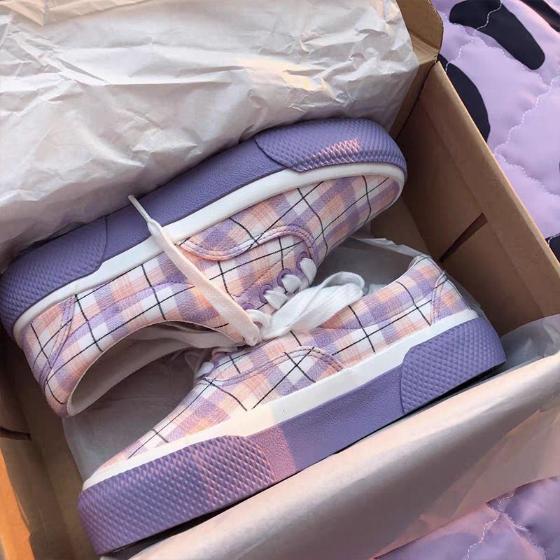 Giày ulzzang họa tiết caro màu tím pastel, ảnh thật
