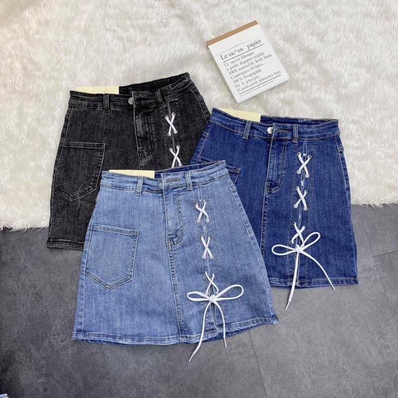 [ĐỦ 4 MÀU] Chân Váy Jean Aiori Cao Cấp Lưng Cao Chất Vải Co Giãn Có Quần Váy Buộc Chéo Dây Xinh Xắn