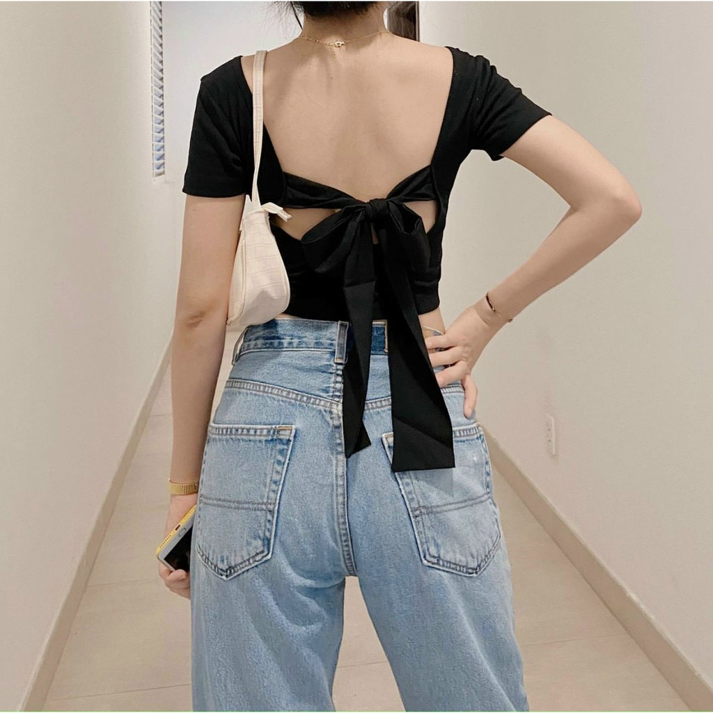 Áo croptop cột nơ  sau lưng ACON 203, hở nhẹ bờ vai, sexy năng động, áo thun gân kiểu nữ độc lạ trơn basic đen trắng ôm