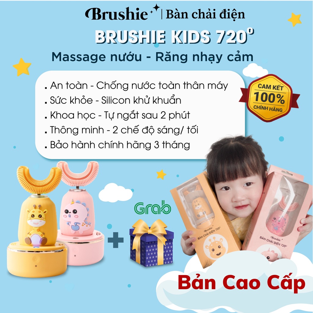 [Tặng kem] Brushie Kids-Bàn Chải Điện Trẻ Em Cao Cấp Chống Nước, chế độ Sáng-Tối, Khử Khuẩn Chăm Sóc Nứu-Nhạc Tiếng Việt