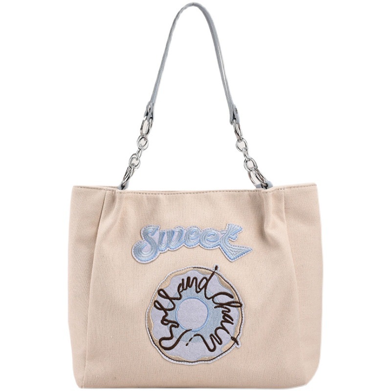 Túi Tote Đeo Vai Mùa Hè Bằng Vải Bạt Kích Thước Lớn Thêu Hình Bánh Donut Phong Cách Hàn Quốc Mới 2022
