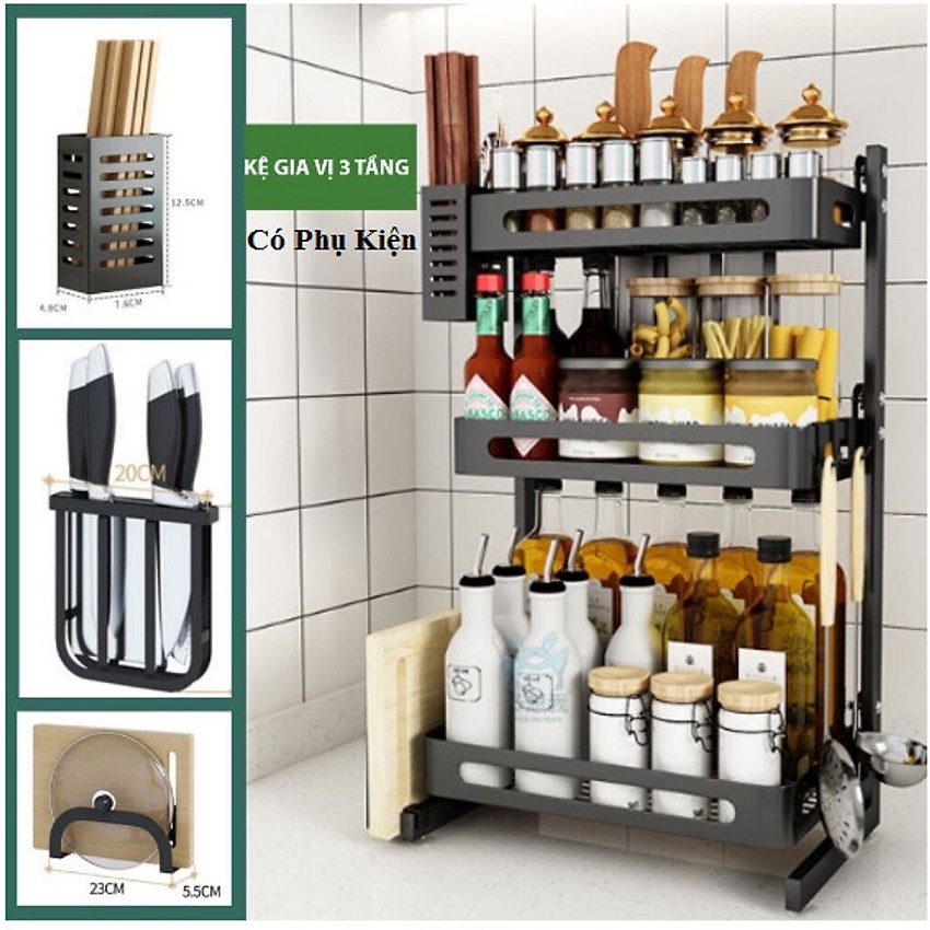 Kệ đựng gia vị, dao thớt nhà bếp 3 tầng thép sơn tĩnh điện chống gỉ