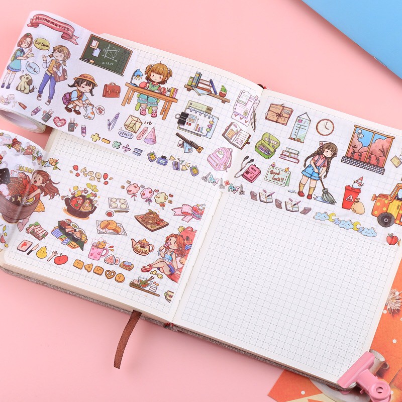 Cuộn sticker hình dán trang trí đồ dùng học tập 2M hoạt hình Mua Tất (muatatshop)