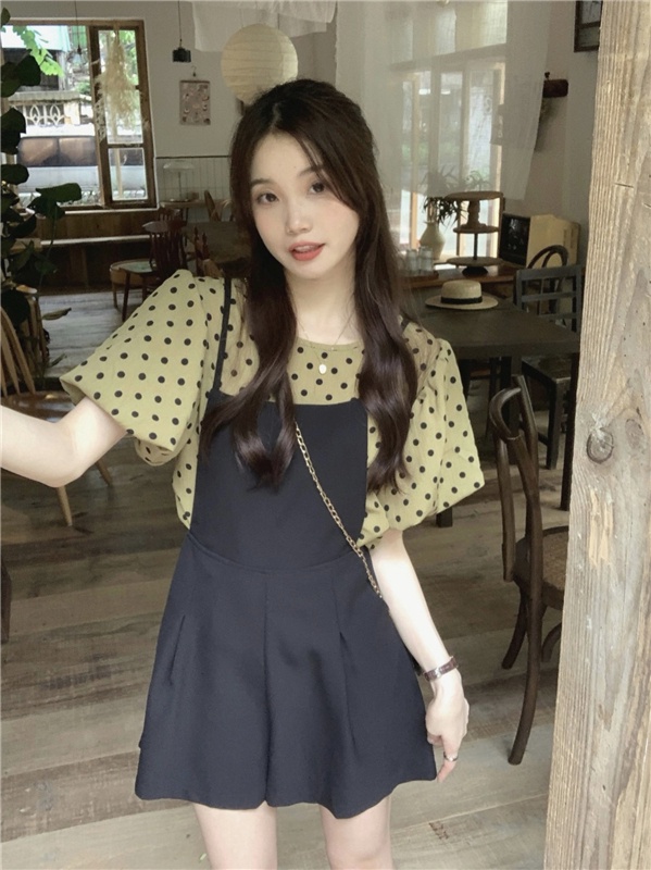 Bộ Áo Liền Quần Tay Phồng Họa Tiết Chấm Bi 53130 Phong Cách Retro Pháp Thời Trang Cho Nữ