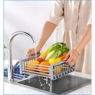 Rổ rút gọn inox để bồn, Giá inox đa năng đặt chậu rửa bát rút gọn