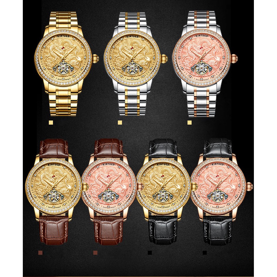 Đồng hồ nam Kinyued 1986 JYD-J061 Máy cơ viền đá mặt rồng nổi 3D