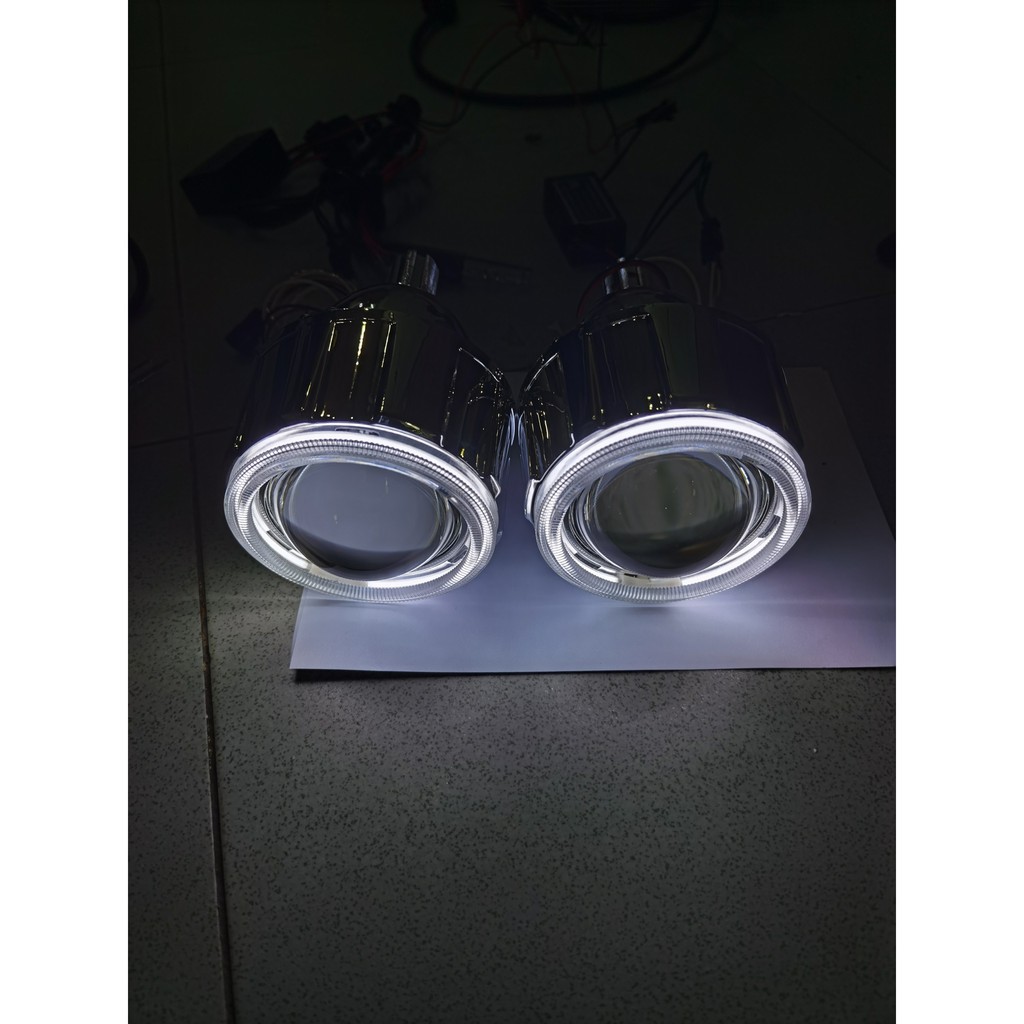bộ 2 gương cầu 2.5 1 viền trắng tròn sáng 4300k / 6000k 12v 55W ( giá 1 bộ 2 ballast 2 đèn 1 dây pha cos )