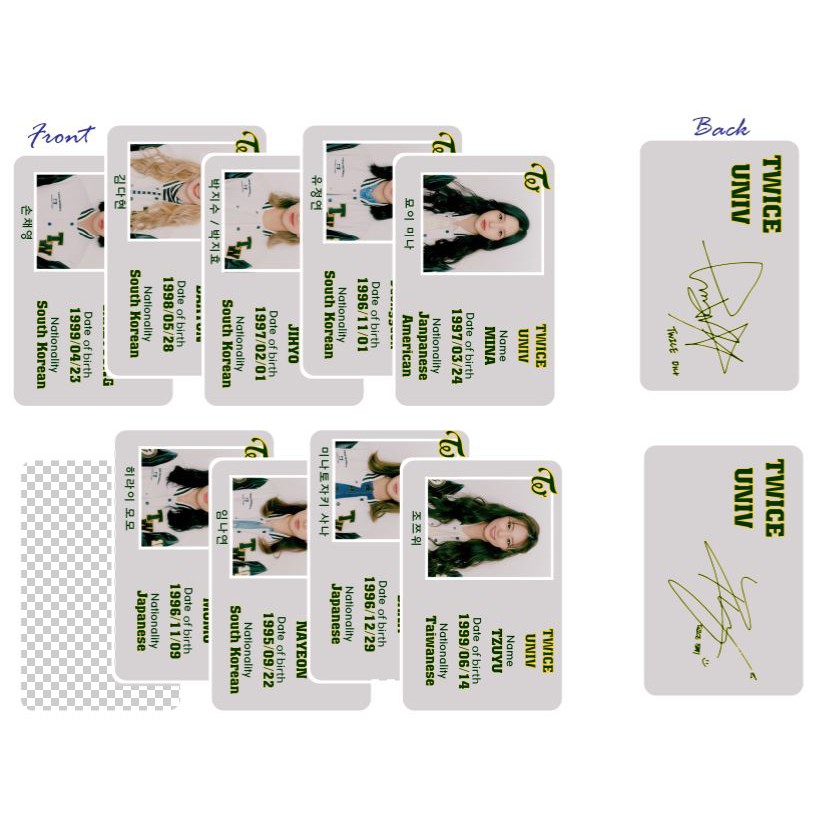 Set 9 thẻ card nhựa TWICE ID CARD  in 2 mặt bo góc có chữ ký