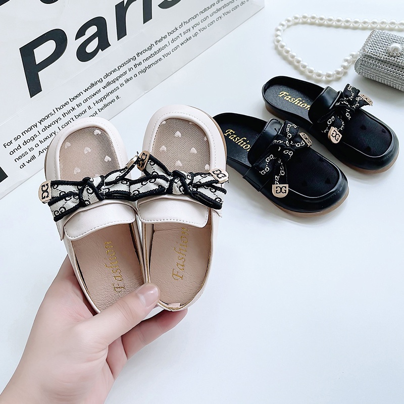 Dép Quai Nơ Mũi Vuông Đế Mềm Chống Trượt Chất Liệu Chiffon Thời Trang Cho Bé Gái Từ 3-16 Tuổi