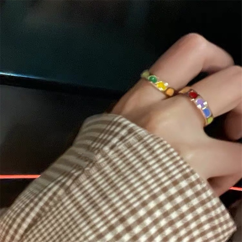 Nhẫn Hở Hình Học Màu Sắc Cầu Vồng Độc Đáo Phong Cách Retro Hàn Quốc