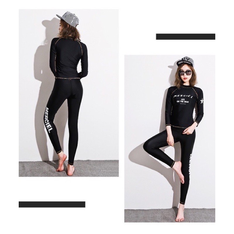 Đồ bơi dài tay quần dài Merciel đen chỉ sắc màu | BigBuy360 - bigbuy360.vn