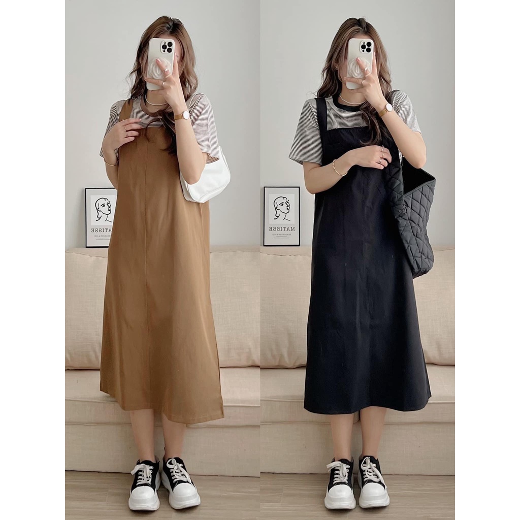 Set yếm kaki dáng dài kèm áo phông cổ tròn kẻ sọc 2 màu xinh xắn phong cách Hàn quốc