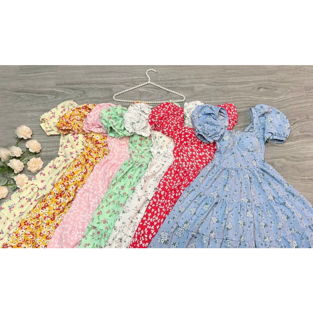 Váy suông hoa nhí tay bồng cổ vuông mút ngực siêu xinh bầu bì bon chen hình thật