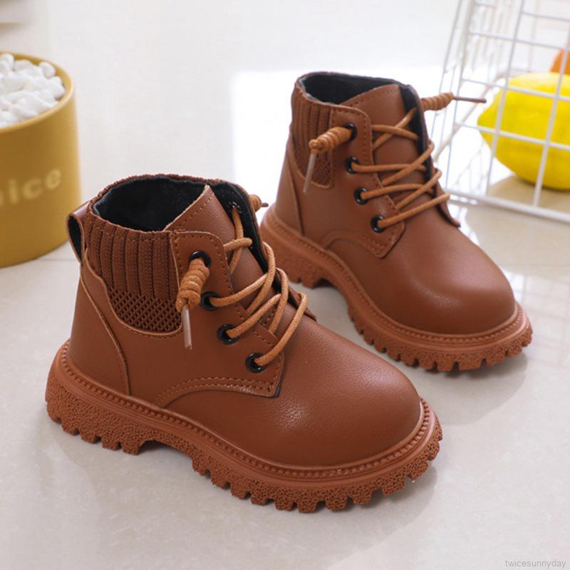 Giày bốt da đế mềm chống trượt kiểu dây thắt thời trang mùa đông dành cho bé gái