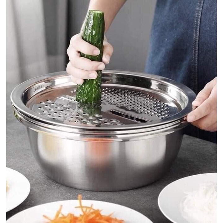 Bộ Nạo Rau Củ 3 Món Bào, Rổ Nạo Rau Củ, Kiêm Rổ và Chậu Inox Cao Cấp Đa Năng, Tiện Lợi Dùng Nhà Bếp