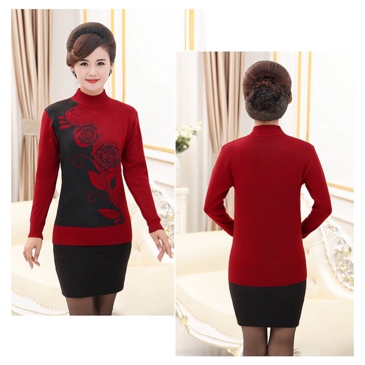 Áo len trung niên nữ phối hoa sang trọng thanh lịch_áo ấm mùa đông cho bà cho mẹ | BigBuy360 - bigbuy360.vn