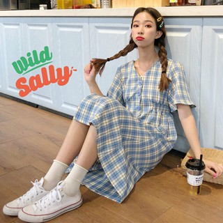 [CÓ SẴN] Đầm kẻ caro cổ V ngắn tay phối hàng nút phong cách Hàn Quốc ulzzang