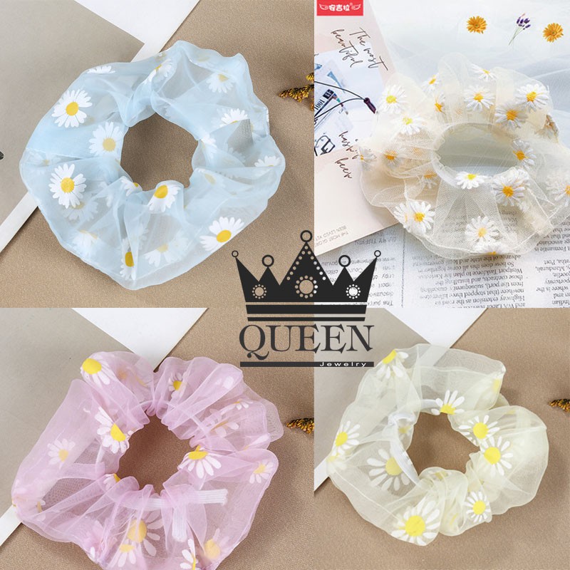 Dây cột tóc hoa cúc, dây buộc tóc bằng vải lưới in hình 3D  bi nhí dễ thương Queen