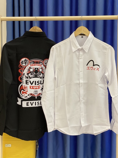 ÁO SƠ MI NAM NỮ IN CHỮ EVISU 1991 HAI MẶT TRẮNG ĐEN | BigBuy360 - bigbuy360.vn