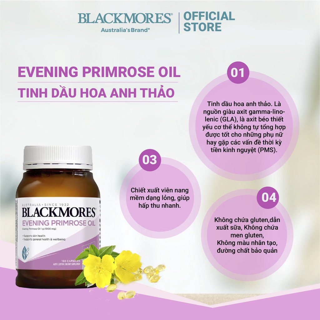 Tinh dầu hoa anh thảo Evening Primrose Oil Blackmores Úc 190 viên hỗ trợ cân bằng nội tiết tố làm đẹp da tóc, móng