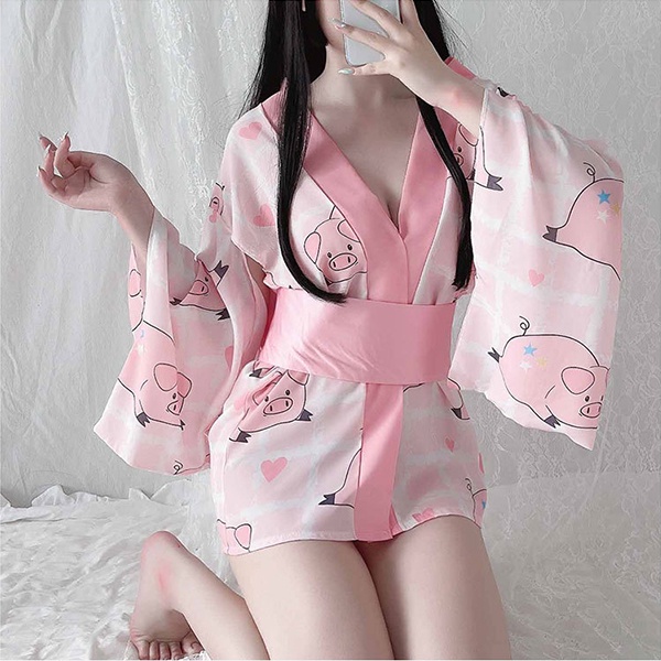 Cosplay kimono xẻ ngực sexy quyến rũ áo choàng ngủ kimono cao cấp in hình bé heo - thỏ đáng yêu BIKI HOUSE N743