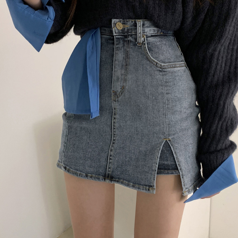 Chân váy denim eo cao xẻ tà có túi phong cách đường phố thời trang nữ