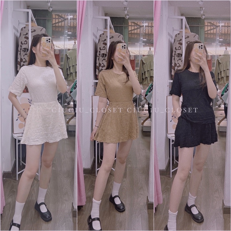 Set Áo Xốp Tay Ngắn Phối Chân Váy Xoè Chất Xốp 3Màu