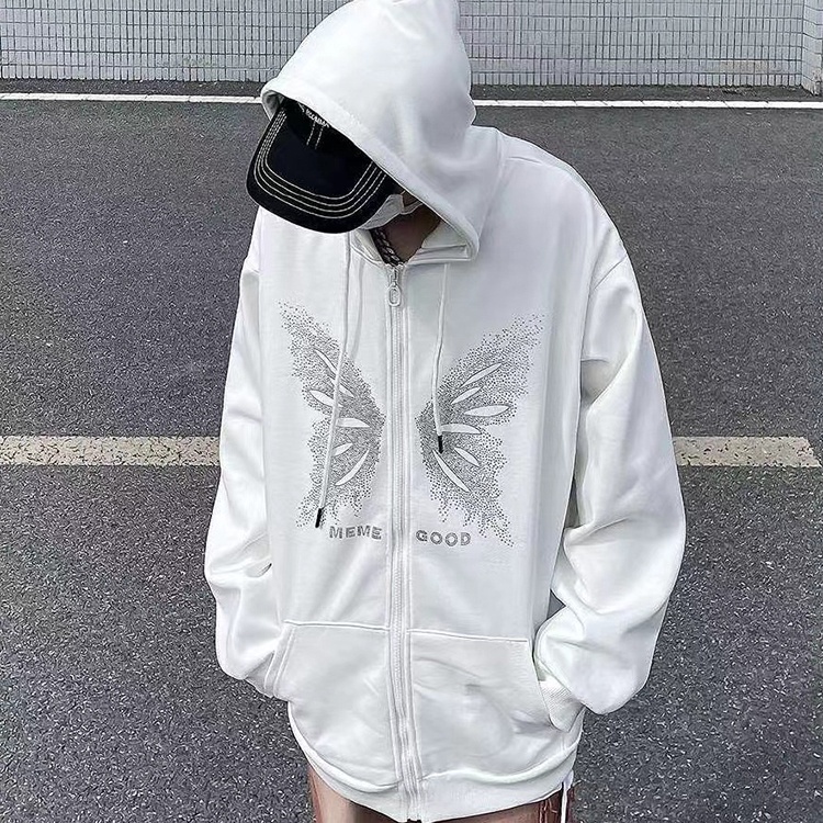 IELGY    Áo Khoác Hoodie Dáng Rộng Có Khóa Kéo In Họa Tiết Bướm Phong Cách Hàn Quốc Cho Nữ