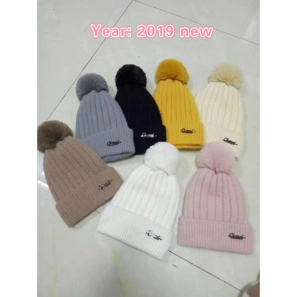 Simple, solid color woolen hat with rabbit ball, candy color, warm Japanese fashion style