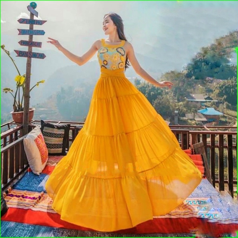 Đầm Vintage, Váy Maxi Đi Biển IVA89, Chất Lụa, Voan Mềm Mát, Màu Vàng Phối Thổ Cẩm, Siêu Phẩm Của Tín Đồ Sống Ảo