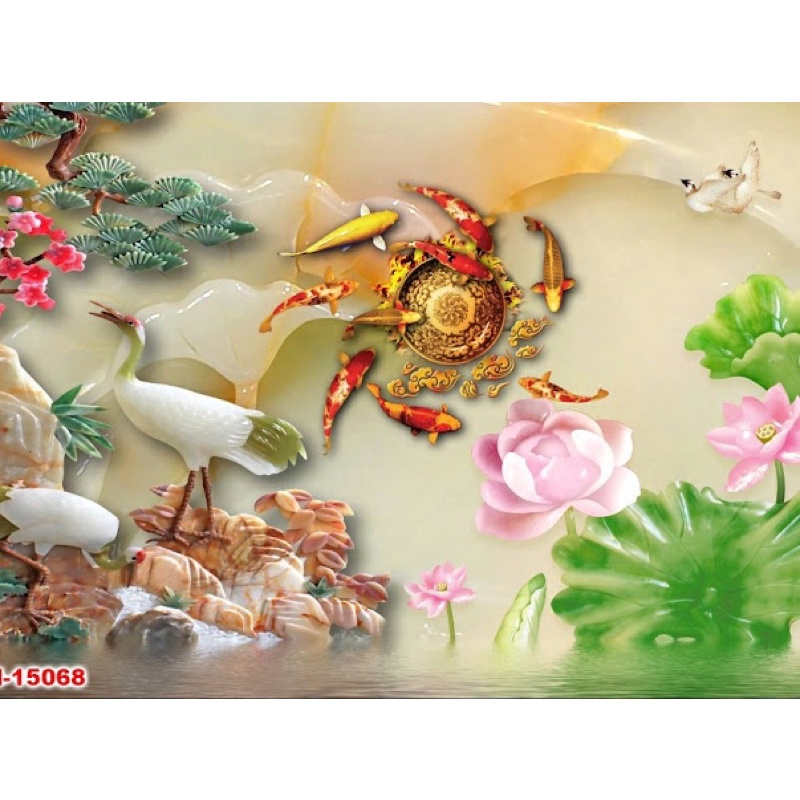 tranh dán tường cá chép hoa sen dán tường 3d. tranh in vải lụa KT 120x80 cm. nhận in kích thước theo yêu cầu 0989685926