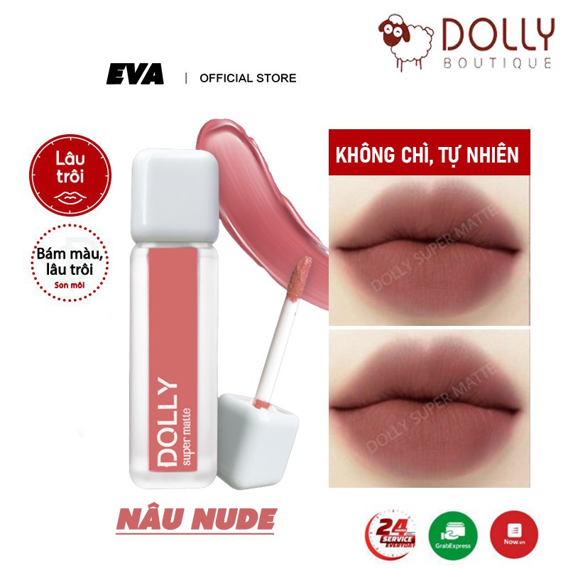 Son kem lì màu nâu nude Dolly super matte, son kem lì không chì bền màu lâu trôi, mua 2 cây tặng 1 hộp đựng cao cấp