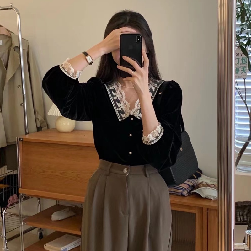 Áo sơ mi nhung tay dài phối ren thời trang thanh lịch dành cho nữ