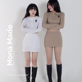 MONÁ - Set 2 món áo croptop tay dài & đầm body thêu gấu có quần trong chất thun Hàn Quốc - BEAR SET