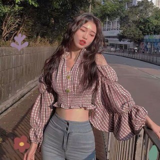 Áo kiểu croptop tay phồng sọc caro nút gỗ (CÓ ẢNH THẬT)
