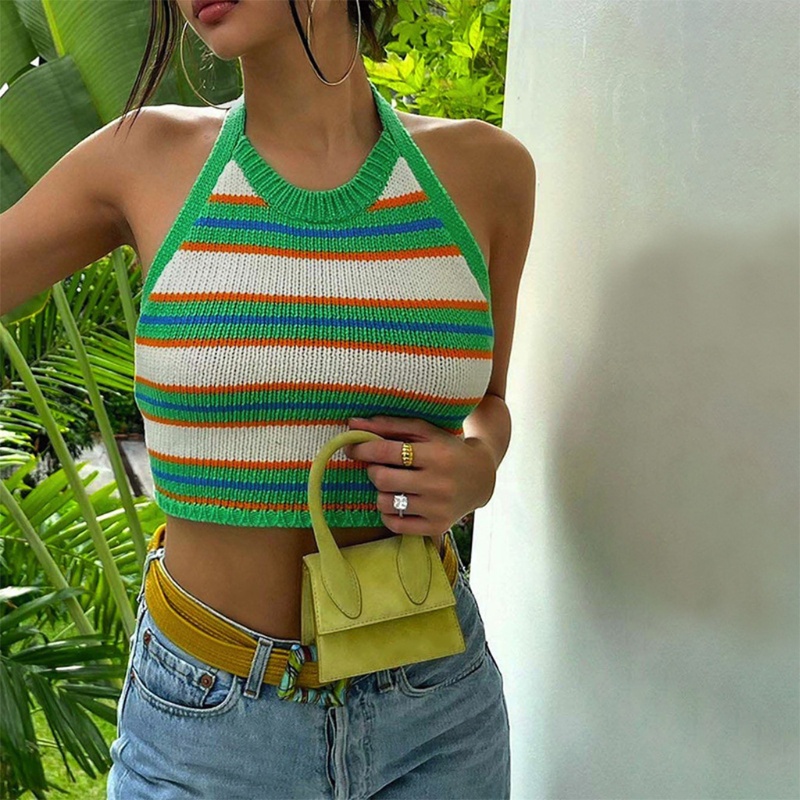 Áo Croptop Dệt Kim Hai Dây Hở Lưng Màu Sắc Tương Phản Phong Cách Quyến Rũ