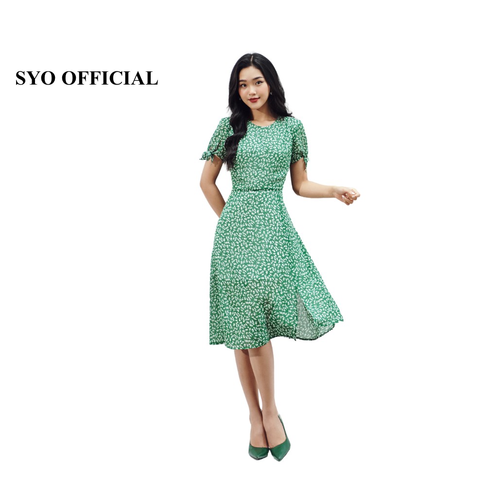 Đầm midi hoa nền xanh, tay buộc nơ SYO D3009-21