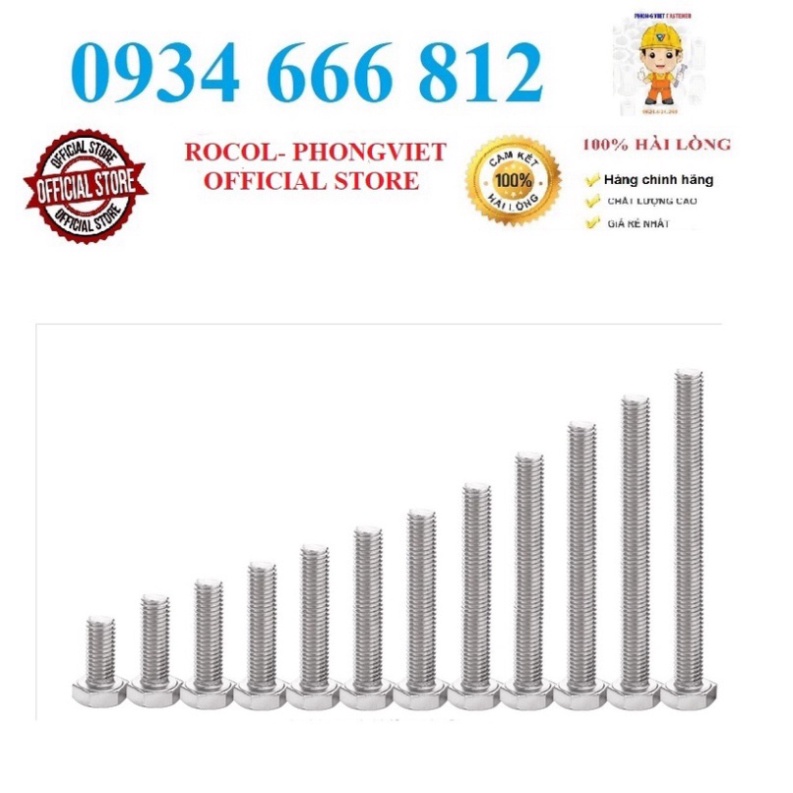 Set 10c Bulong lục giác ngoài inox 201 M10,  M10X40, M10X50, M10X60, M10X70