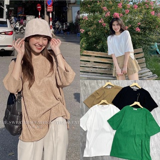 Áo thun nhăn form rộng, Áo phông gân trơn tay lỡ basic