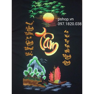 Tranh thêu lụa thành phẩm Chữ Tâm và thuyền TL030 40x80 - Tranh thêu truyền thống Việt Nam