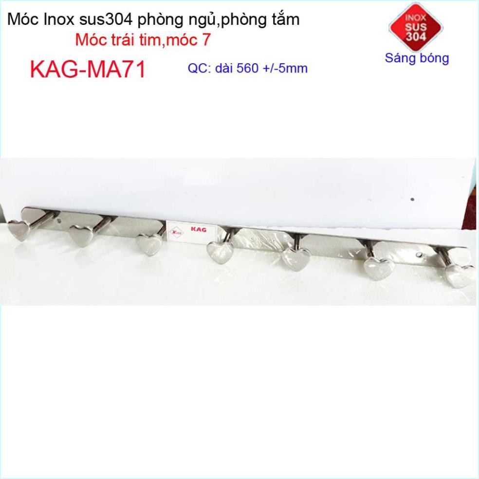 Móc treo quần áo inox 304 cao cấp dày, móc tim Kace 7 móc treo đồ nhà tắm KAG-MA71