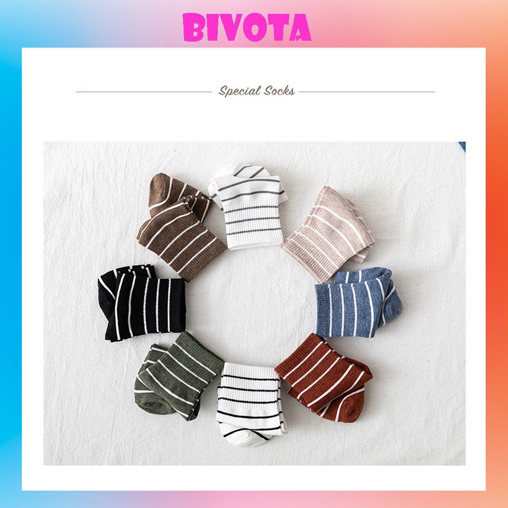 Set 5 đôi tất cổ cao Bivota vớ nữ kẻ sọc cotton phong cách đơn giản T69