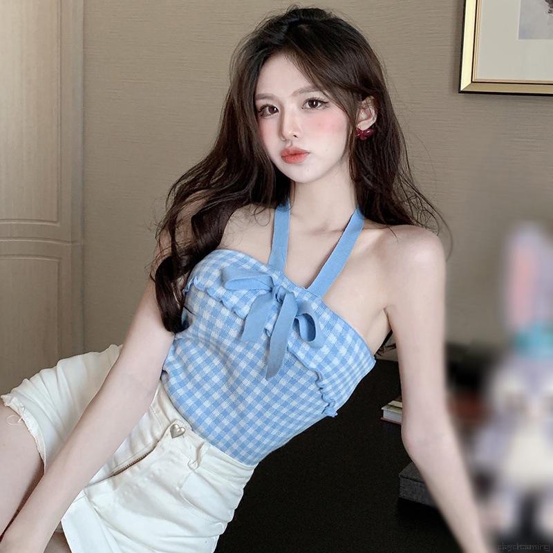 Áo Croptop dệt kim hai dây họa tiết caro đính nơ dáng ôm trẻ trung cho nữ