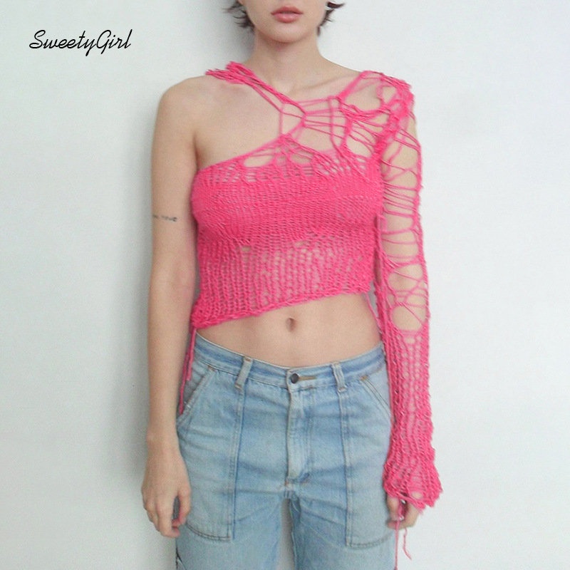 Áo Sweater Dệt Kim Tay Dài Dáng Ôm Khoét Lỗ Màu Hồng Trơn Thời Trang 2022 Cho Nữ