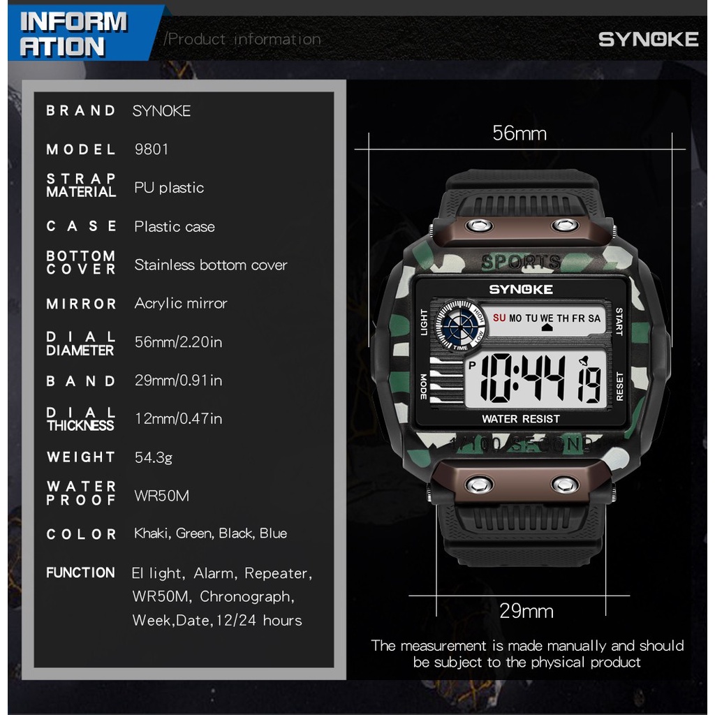 Đồng hồ nam SYNOKE Big Dial Digital 50M Đồng hồ điện tử phát sáng chống nước Đồng hồ thể thao