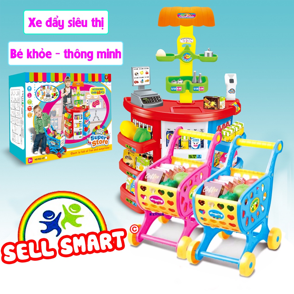 Bộ đồ chơi xe đẩy siêu thị tiện dụng kèm hoa quả nhựa, giáo dục tính sáng tạo và nhanh nhạy cho bé SELL SMART