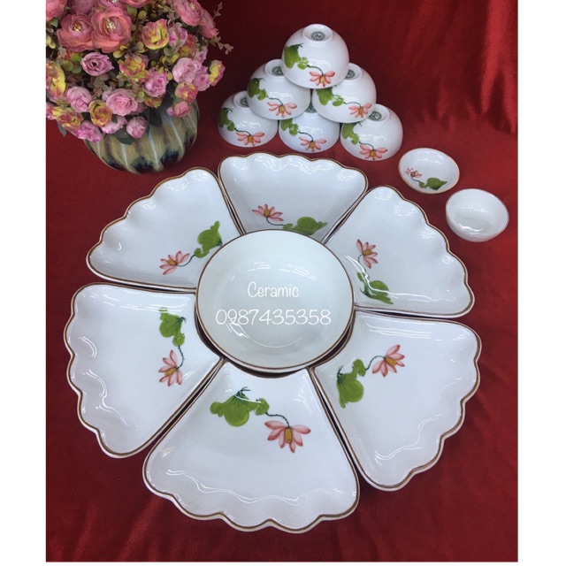 Set bát đĩa hoa mặt trời sẽ sen gốm sứ Bát Tràng